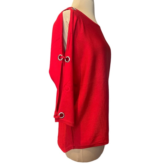 Cable & Gauge Red Knit long Cold Shoulder Sleeves Silver Embellishments - Picture 1 of 9
